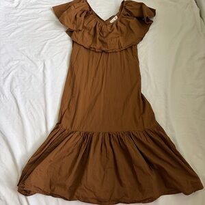 Mille Brown Ruffle Midi Dress Womens Small Off Shoulder Tiered Boho Cottagecore
